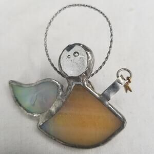 Vintage Angel Stained Glass Tan and White Silver Color Brooch Pin